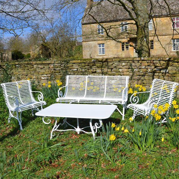 The Rectangular Garden Coffee Table with Two Low Ladderback Carver Garden Chairs and a Medium Straight Ladderback Garden Seat