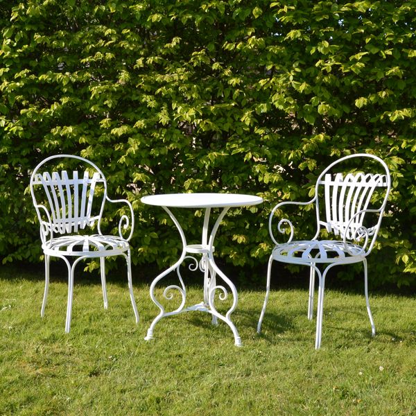 The Small Circular Garden Table with Two Sprung Carver Garden Chairs