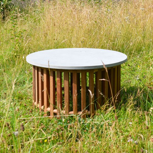 The Contemporary Slat-Back Hardwood Circular Table with Ceramic Top