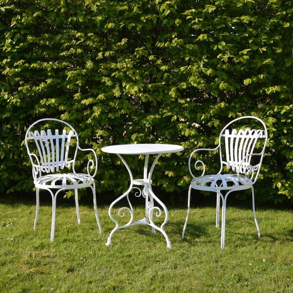 The Small Circular Garden Table with Two Sprung Carver Garden Chairs