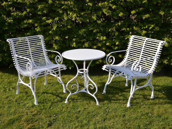 The Small Circular Garden Table with Two Low Ladderback Carver Garden Chairs