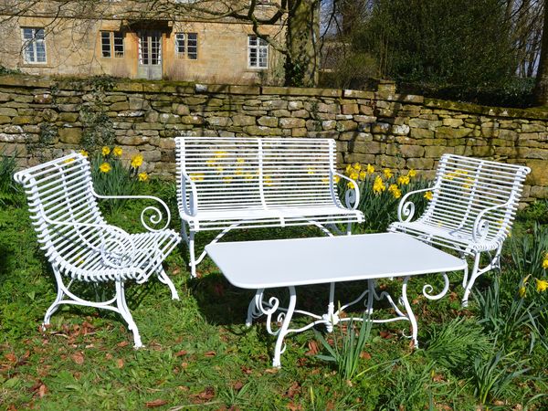 The Rectangular Garden Coffee Table with Two Low Ladderback Carver Garden Chairs and a Small Straight Ladderback Garden Seat