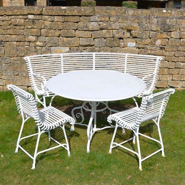 The Semi-Circular Ladderback Garden Seat (High) with Three Ladderback Garden Chairs and a Medium Circular Garden Dining Table