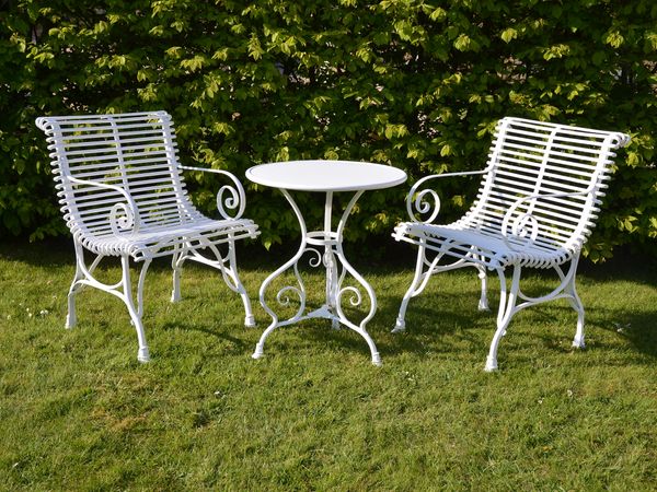 The Small Circular Garden Table with Two Low Ladderback Carver Garden Chairs