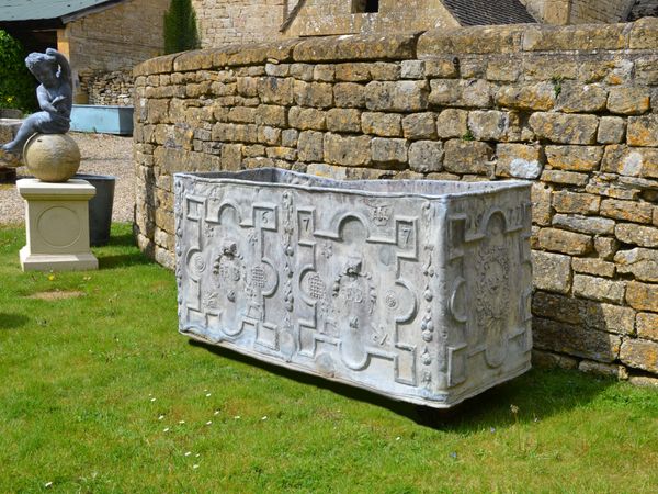 A large 17th century lead cistern dated 1677 from the reign of James II