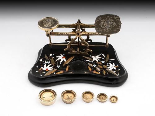 Antique Brass Engraved Pietra dura Postal Scales