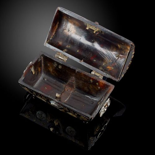 A miniature tortoiseshell casket in the shape of a cassone