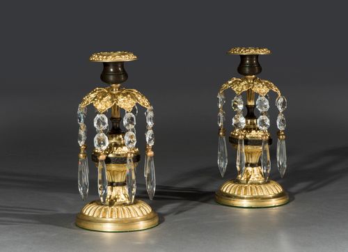 Pair of Early 19th Century Regency Period Gilt Metal & Cut Glass Candlestick Lustres