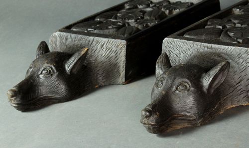 Pair of carved oak fox corbels