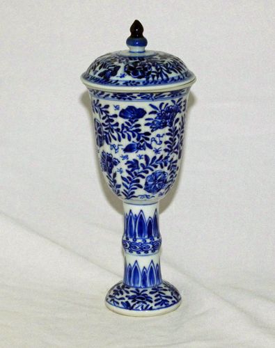 Kangxi Blue and White Molded Lidded Stem cup/ Goblet
