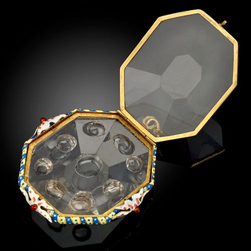 A rock crystal locket, mounted with gold and enamels; Italian or Spanish, 17th century