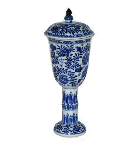 Kangxi Blue and White Molded Lidded Stem cup/ Goblet
