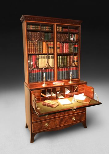 George III Period Inlaid Mahogany Library Secretaire Bookcase