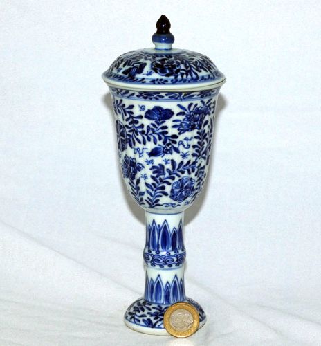 Kangxi Blue and White Molded Lidded Stem cup/ Goblet