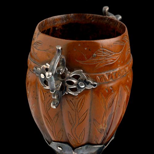 A Spanish Colonial silver mounted Cocquilla nut goblet engraved with flowering tendrils