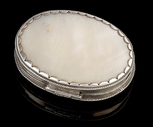 A little carved mother of pearl box with silver mounts, 17th Century