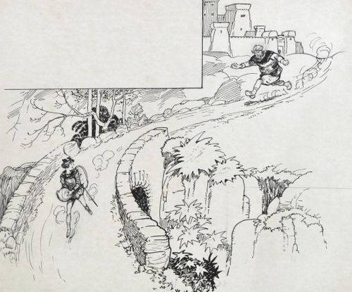 Frank Watkins - Escaping the Giant - pen and ink