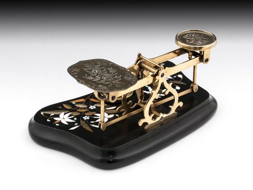 Antique Brass Engraved Pietra dura Postal Scales