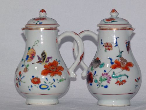Chinese Qianlong 18th Century Famille Rose pair of Sparrow beak jugs