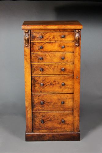 Victorian Burr Walnut Secretaire Wellington Chest