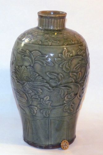 Ming carved Celadon Meiping vase