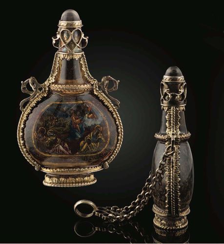A Rock Crystal Flask with Silver Gilt Mounts and Chain; 16th century, Italian