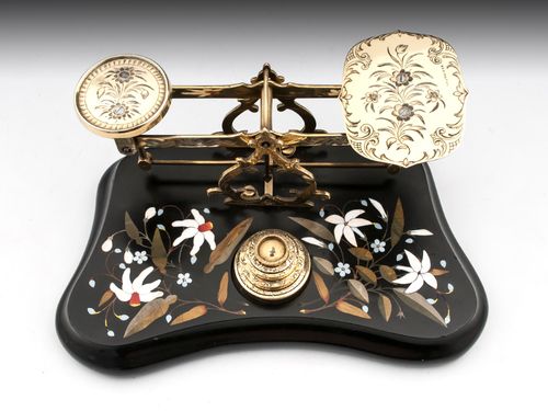 Antique Brass Engraved Pietra dura Postal Scales