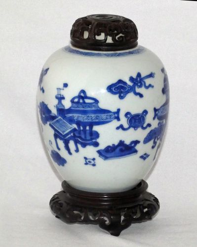 Kangxi - Chinese - 18th Century Blue and White Ovoid Porcelain Jar