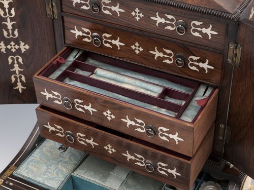Antique Rosewood Piano Sewing Jewellery Table Cabinet