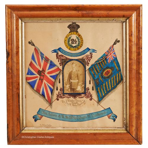 Watercolour with Photograph of The Colors Of H.M. 24th South W. Borderers