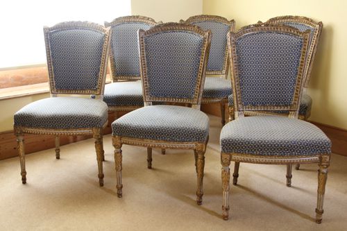 6 Antique Gilt and Upholstered Dining Chairs