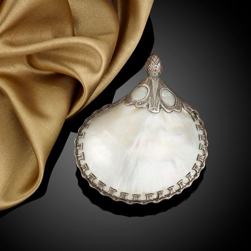 A Spanish Colonial silver mounted mother of pearl priming flask