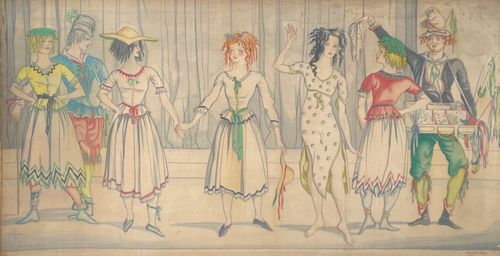 Albert Rutherston - Mimes - Watercolour on silk