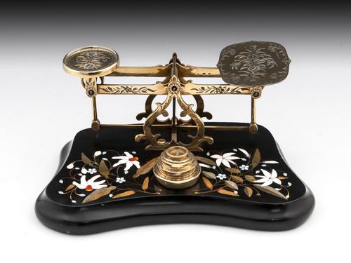 Antique Brass Engraved Pietra dura Postal Scales