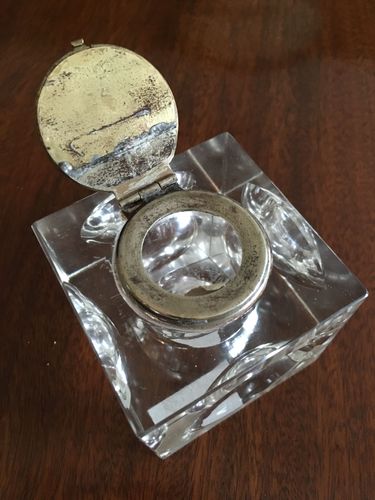 Large enamel topped Glass inkwell with concave sides and base