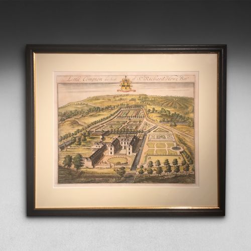 Early C18th. hand coloured engraving of Little Compton by Johannes Kip