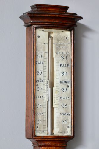 Antique Bow Front Oak Stick Barometer