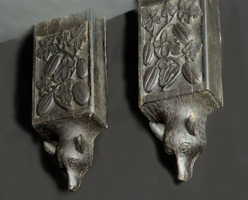 Pair of carved oak fox corbels