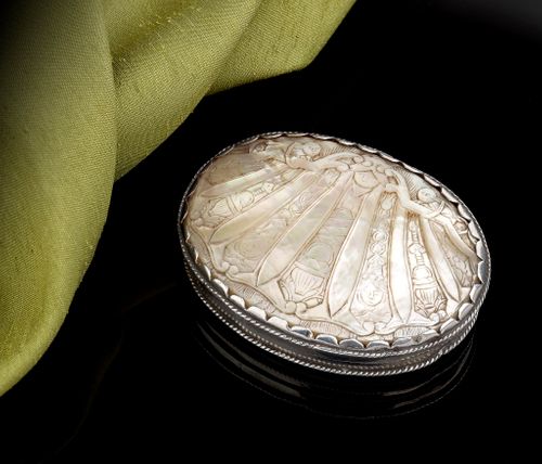 A little carved mother of pearl box with silver mounts, 17th Century