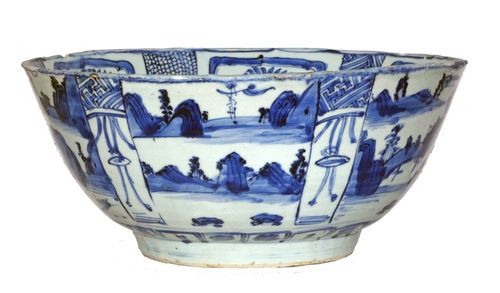 Ming Kraak Blue and White Porcelain Punch Bowl