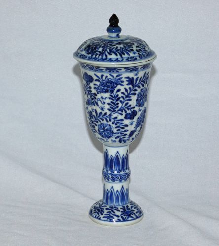 Kangxi Blue and White Molded Lidded Stem cup/ Goblet