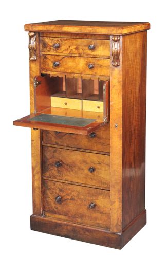 Victorian Burr Walnut Secretaire Wellington Chest