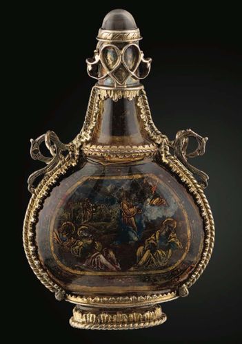 A Rock Crystal Flask with Silver Gilt Mounts and Chain; 16th century, Italian