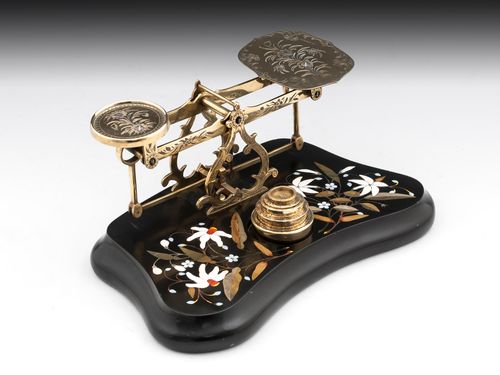 Antique Brass Engraved Pietra dura Postal Scales