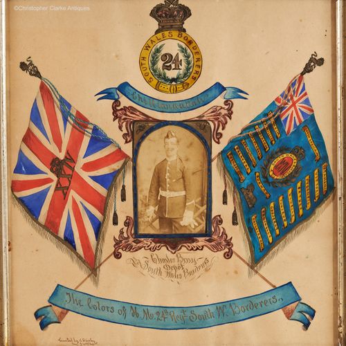 Watercolour with Photograph of The Colors Of H.M. 24th South W. Borderers