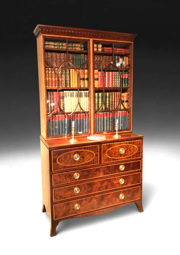 George III Period Inlaid Mahogany Library Secretaire Bookcase