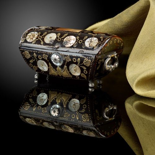 A miniature tortoiseshell casket in the shape of a cassone