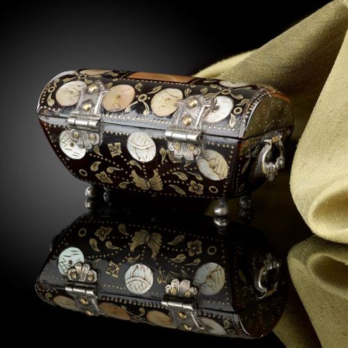 A miniature tortoiseshell casket in the shape of a cassone