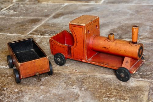 Vintage Wooden Toy Steam Engine and Truck