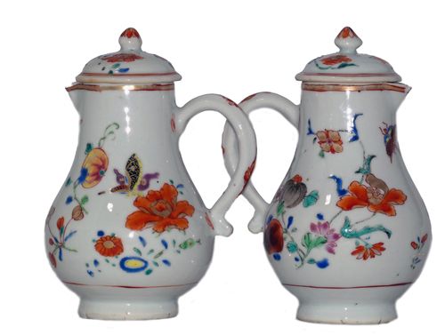 Chinese Qianlong 18th Century Famille Rose pair of Sparrow beak jugs